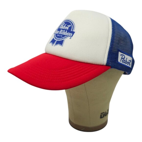 Pabst Blue Ribbon Beer Mesh Foam Snapback Cap Trucker Baseball Logo Patch Hat - Picture 2 of 14